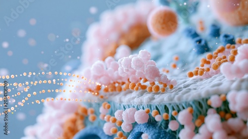 Clear medium shot illustrating the antibody secretion pathway within a hybridoma cell featuring focused membrane and vesicles alongside minimalist pastel infographic accents.