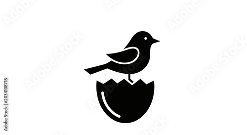 Minimalist Silhouette of a Bird Hatching from an Egg on a Pure White Background