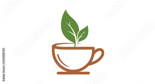Minimalistic tea cup with green leaves sprouting for natural and herbal concepts