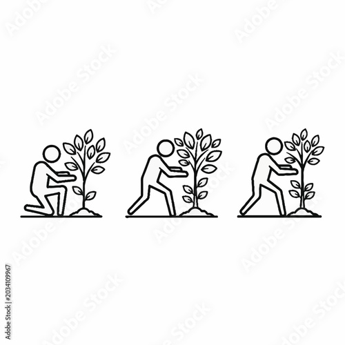 Person planting a young tree in soil icon set