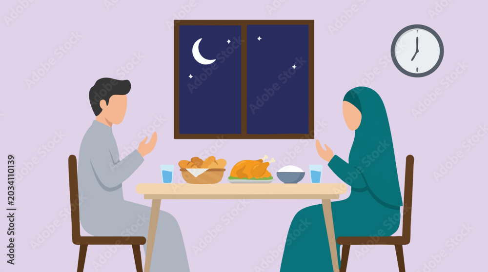 Fototapeta premium Muslim couple praying before Iftar meal at home during Ramadan night