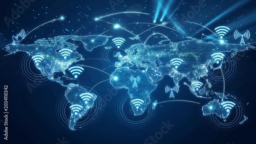 A high-tech representation of the world map with wireless signals and connectivity indicators.