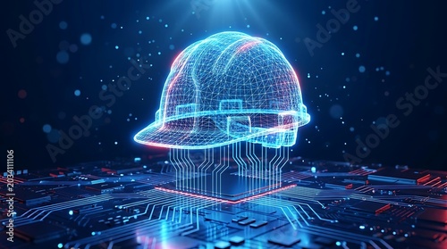 Digital construction safety helmet rendered in glowing blue and red wireframe, symbolizing technological advancement in building industry and smart infrastructure.