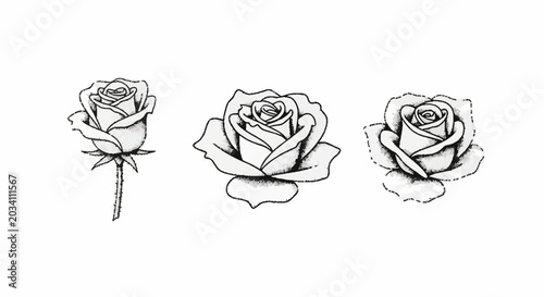 Hand drawn rose flower icons with stipple shading