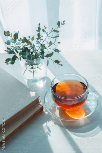 Morning tea with books and eucalyptus in natural sunlight