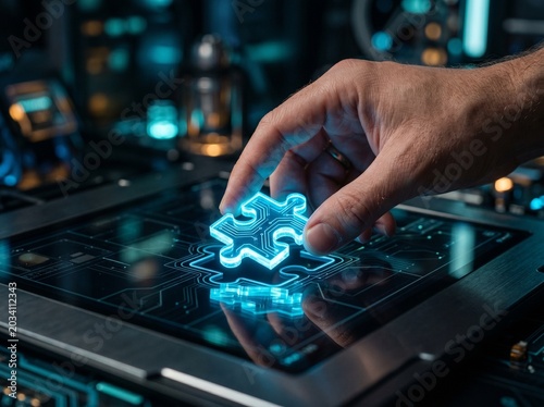 Hand holding luminous blue neon puzzle piece over dark technology background