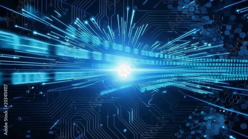 Abstract digital background featuring binary code and glowing data streams, representing information technology.