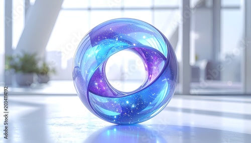 A glossy, transparent torus with a galaxy interior, set on a reflective surface
