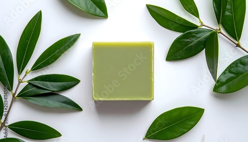 Overhead shot of a square green bar of soap surrounded by green leafy branches on white