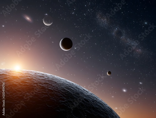 Planetary Sunrise with Celestial Bodies
