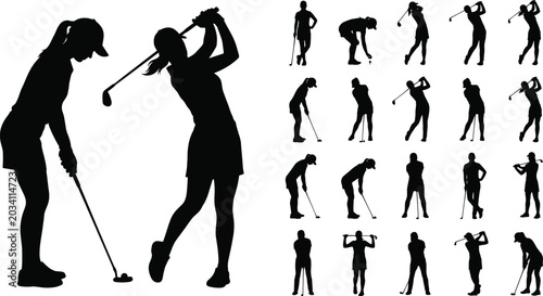 Fotografie Black silhouette illustrations of golfers putting, swinging, and standing with c
