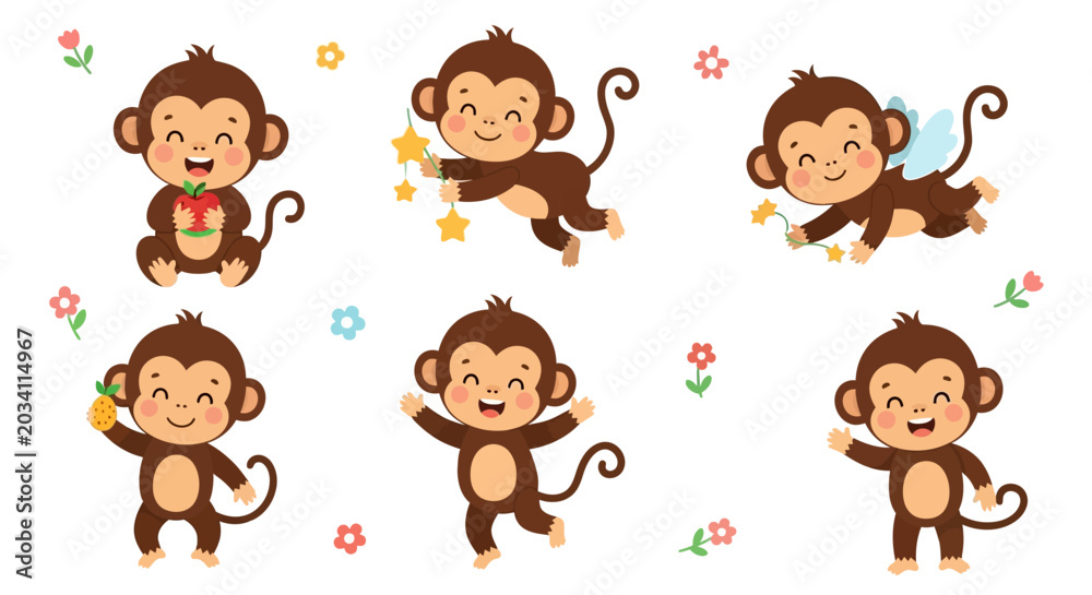 Fototapeta premium Cute Cartoon Monkey Set with Various Poses and Fun Activities