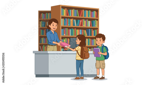 Foto Librarian giving book to school students at library counter