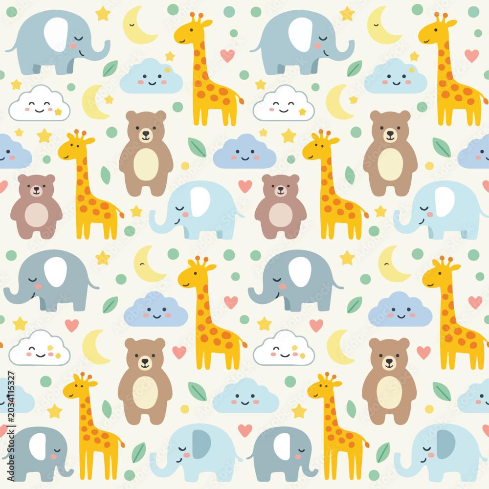 Fototapeta premium Cute seamless pattern with cartoon elephants, giraffes, and bears, perfect for baby and nursery designs, featuring stars, moons, and clouds.