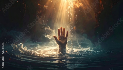 A hand reaches toward heavenly light breaking through dark waters and swirling mist