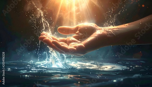 A hand gracefully cupping water as sunlight shines through, creating a mystical atmosphere