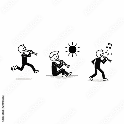 Musician playing woodwind instrument in different poses