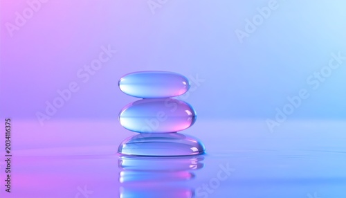 Stacked, smooth, luminous orbs against a blurred gradient backdrop of pink and blue