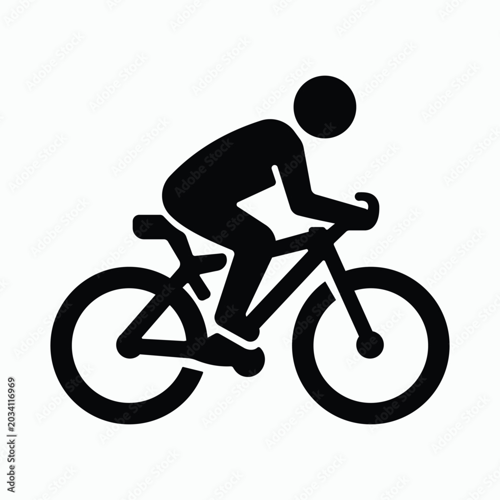 Obraz premium Person riding bicycle icon in flat style, simple pictogram for cycling, sport, outdoor activity, transportation, healthy lifestyle, eco-friendly travel symbol.