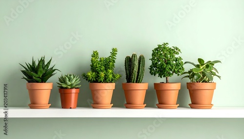 Variety of small potted plants sit in a row on a white shelf against a pale green wall