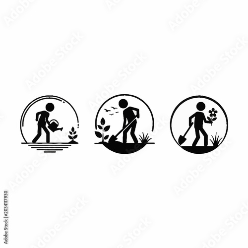 Gardening icons showing planting watering and harvesting flowers