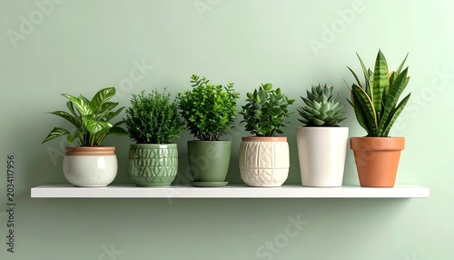 Assortment of potted plants on a white shelf against a light green wall, diverse species