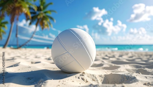 A white volleyball rests on sunlit sand, with a net, palms, and clear blue ocean beyond