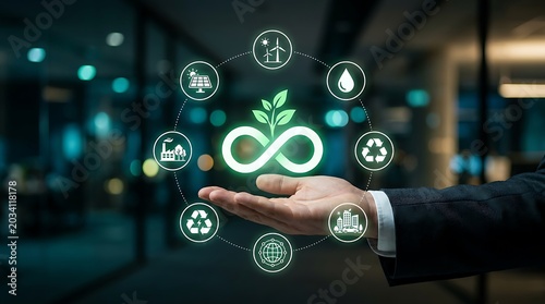 Businessman's hand presenting glowing circular economy infographic with icons for sustainability, recycling, and renewable energy.
