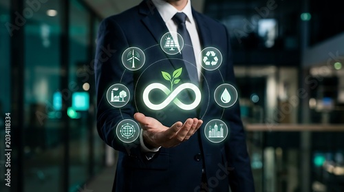 Businessman displaying a circular economy concept with icons for sustainability, renewable energy, and urban development, symbolizing growth and resource management.