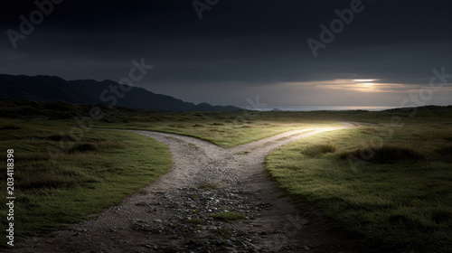 Forked pathway through grassy field under dark sky, leading toward distant light at horizon