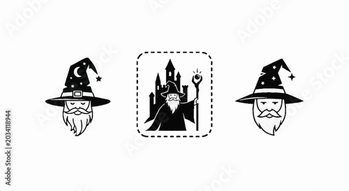 Wizard icons with magic hat and fantasy castle