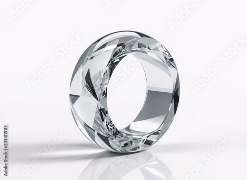 Abstract Transparent Crystal Ring Glass Sculpture on White Background