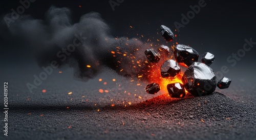 Exploding metal, sparks flying, fiery explosion, smoldering embers