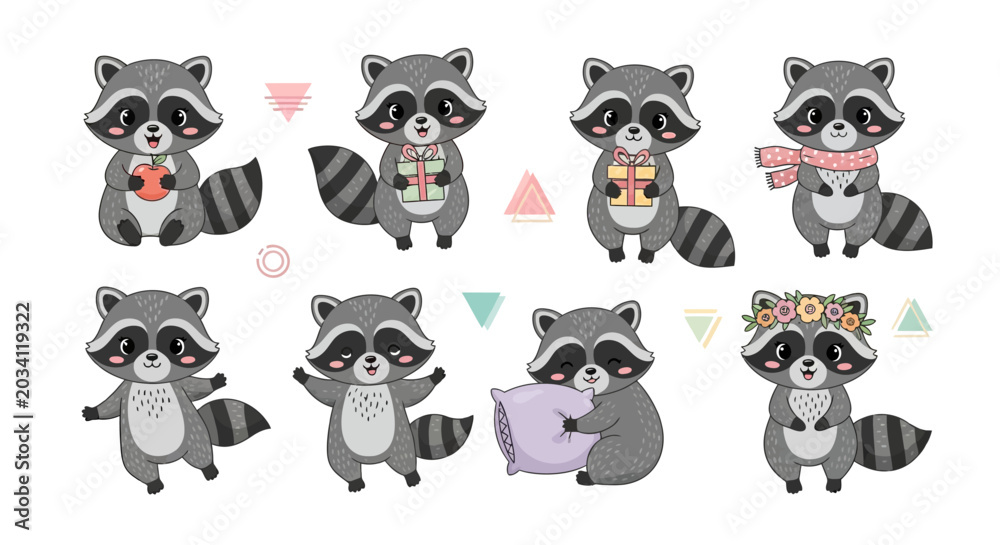Fototapeta premium Cute Raccoon Character Set with Various Poses and Accessories