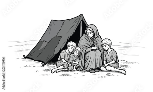 фотографія Homeless mother and children sitting by a tent in an outdoor camp