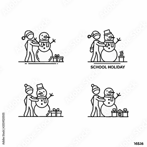 Child building a snowman during winter school holiday