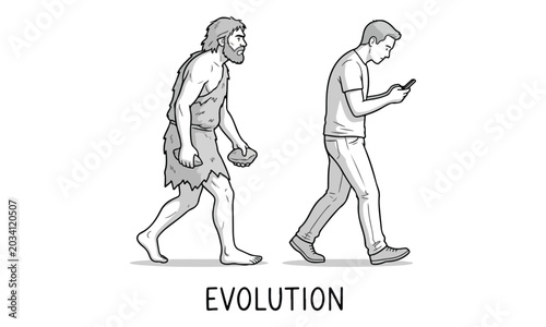 Schilderij op canvas Human evolution illustration comparing caveman and man with phone