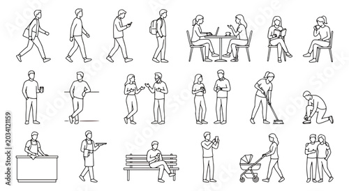 Fotografía Minimalist line art people vector set, 18 architectural scale figures in outline