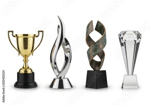 Four metallic trophy awards on black bases