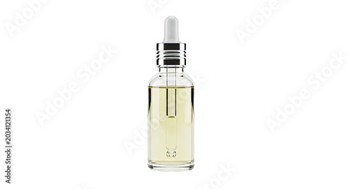 Empty glass dropper bottle with silver cap for essential oils and liquids isolated on transparent background