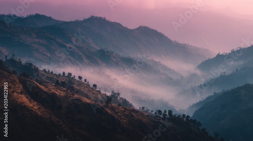 foggy mountain landscape during sunrise, peaceful scenery, Generative ai