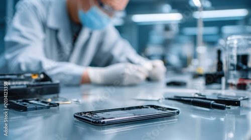Technician focusing on mobile phone repair process at modern service center.