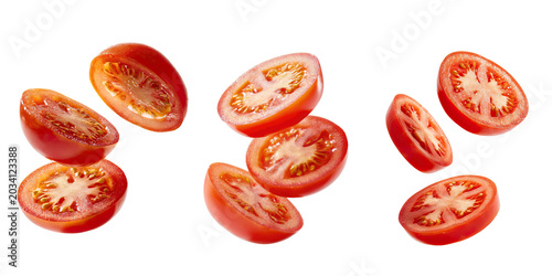 Εκτύπωση καμβά 3 styles of Fresh Tomato Slices Floating Isolated on Transparent Background