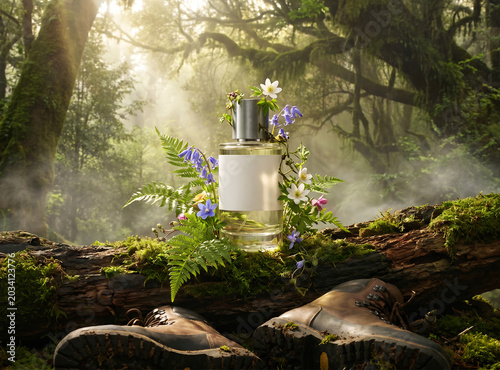 Luxury Perfume Bottle in Misty Forest – Natural Fragrance Beauty Product Photography
