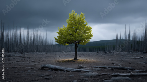 Green tree standing alone in burned forest under dark storm sky