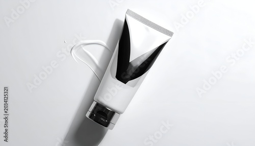 A tube of white cream resting on a white surface, with a swirl of cream beside it