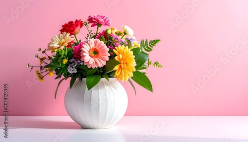 A vibrant bouquet of colorful flowers in a white vase against a soft pink backdrop