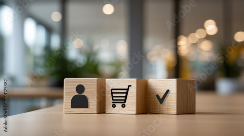 Wooden block icon cube on table with person shopping cart check mark in blurred office interior