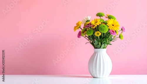 A bouquet of colorful flowers in a white vase against a soft pink backdrop