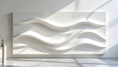 A minimalist white wall art piece featuring flowing, wave-like shapes with shadows